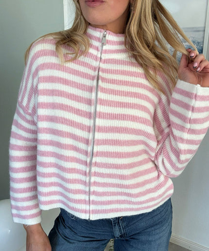 STRIPED FULL ZIP CARDIGAN | Modell Stella | rosa/weiß