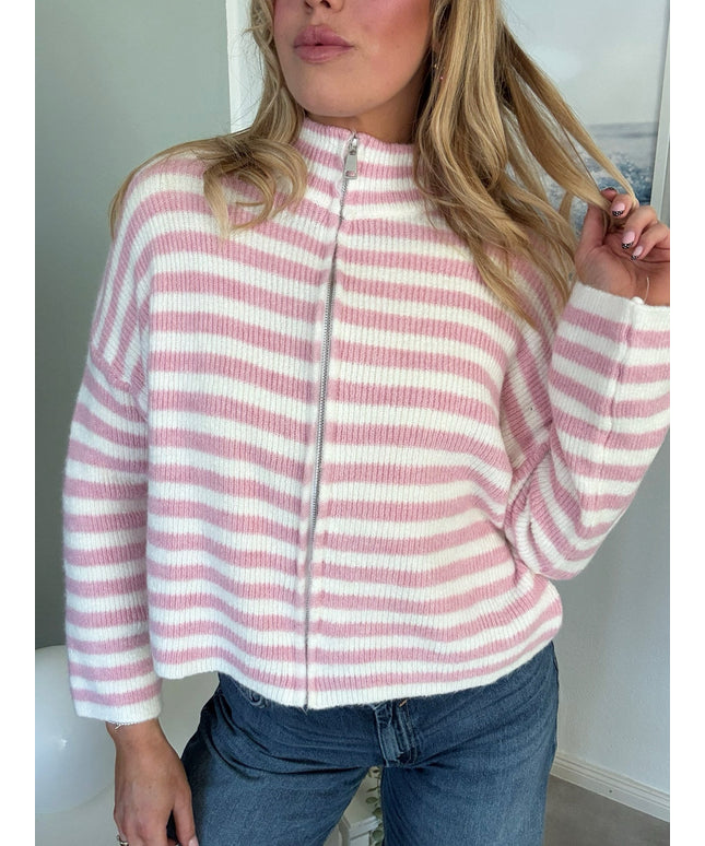 STRIPED FULL ZIP CARDIGAN | Modell Stella | rosa/weiß