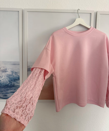 T-Shirt mit Spitzenärmeln | rosa