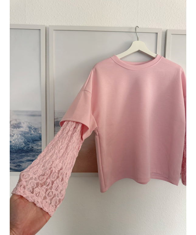 T-Shirt mit Spitzenärmeln | rosa