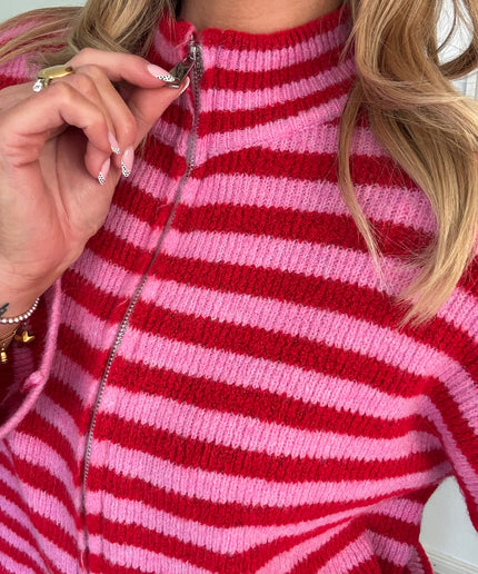 STRIPED FULL ZIP CARDIGAN | Modell Stella | rot/pink