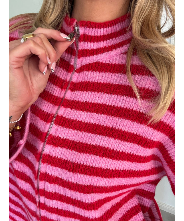 STRIPED FULL ZIP CARDIGAN | Modell Stella | rot/pink