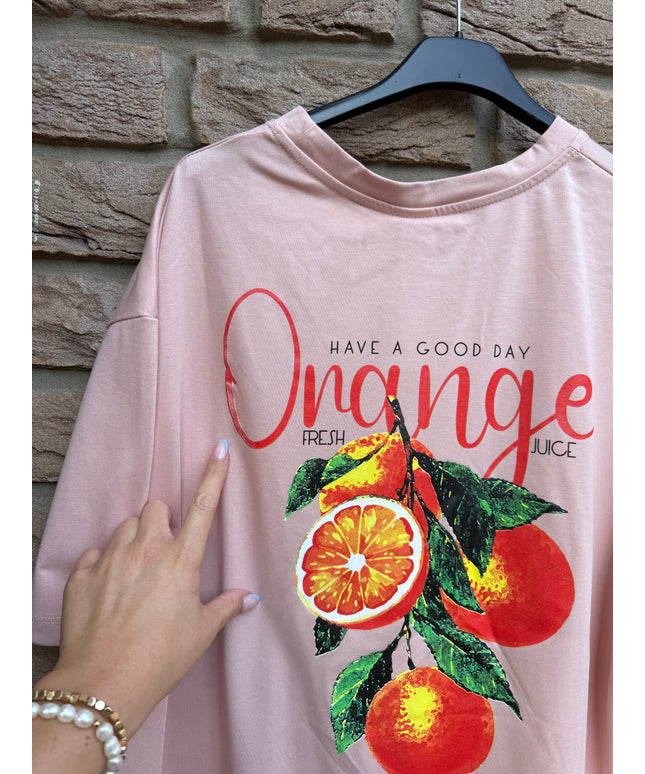 B-Ware | Regular-Fit Boxy-T-Shirt mit orangefarbenem Print und Charm-Anhänger | rosa