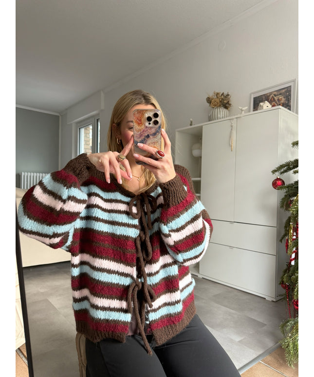 Strickjacke mit Schleifen | Gestreift | blau bordeaux rot
