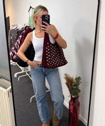 Kelly Shopper Tasche Hobo Bag in Wildleder-Optik mit Nieten | Bordeaux