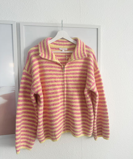 STRIPED FULL ZIP CARDIGAN | pink gelb
