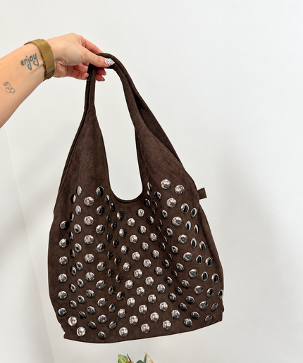 Kelly Shopper Tasche Hobo Bag in Wildleder-Optik mit Nieten | Braun