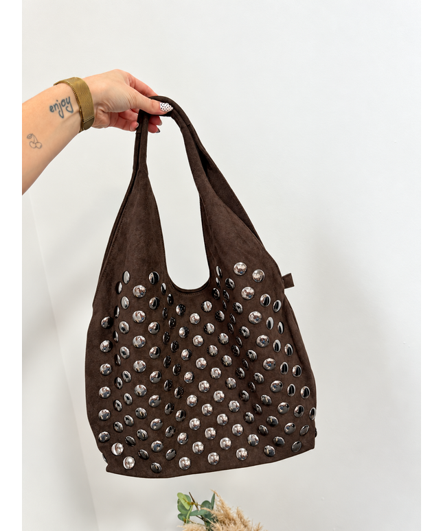 Kelly Shopper Tasche Hobo Bag in Wildleder-Optik mit Nieten | Braun