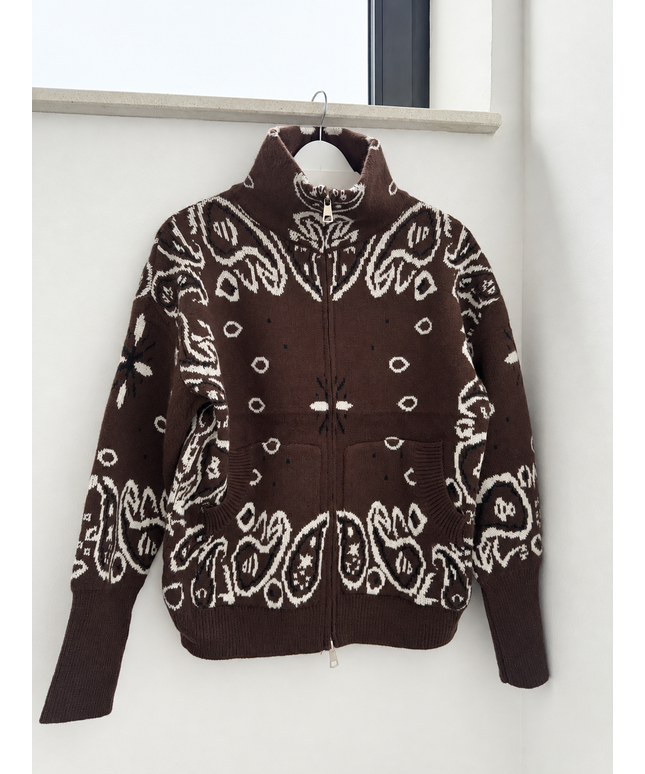 Zip Strickjacke mit Ornamentmuster und Taschen | Dunkelbraun/Weiß