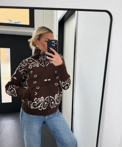 Zip Strickjacke mit Ornamentmuster und Taschen | Dunkelbraun/Weiß