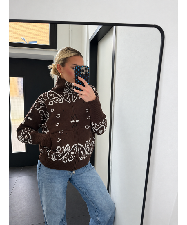 Zip Strickjacke mit Ornamentmuster und Taschen | Dunkelbraun/Weiß