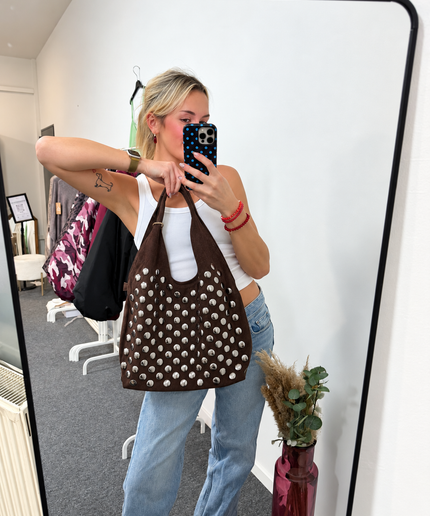 Kelly Shopper Tasche Hobo Bag in Wildleder-Optik mit Nieten | Braun