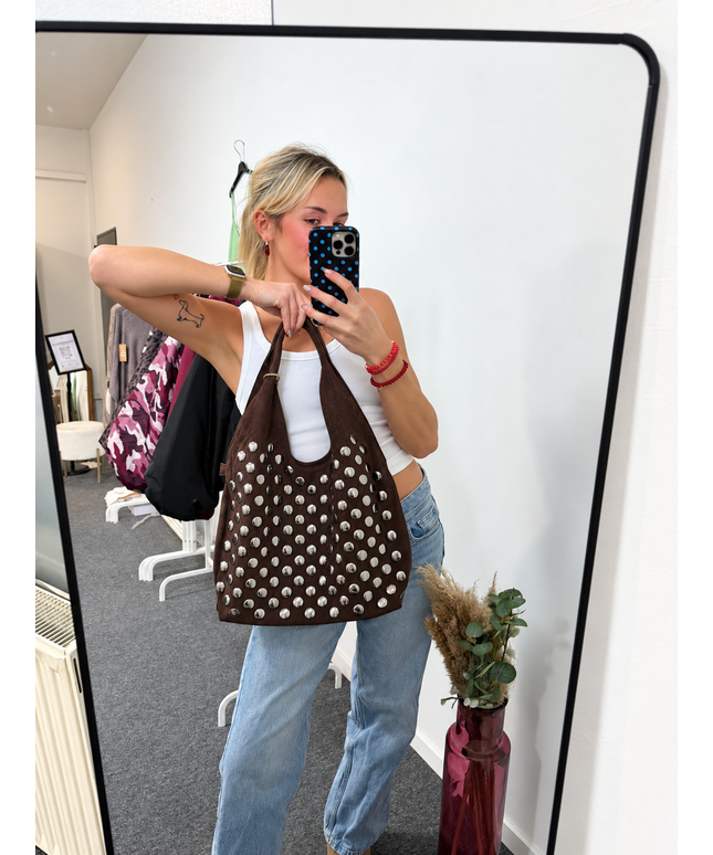 Kelly Shopper Tasche Hobo Bag in Wildleder-Optik mit Nieten | Braun