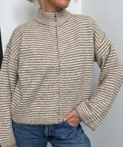 Strickjacke mit Zipper | taupe weiß