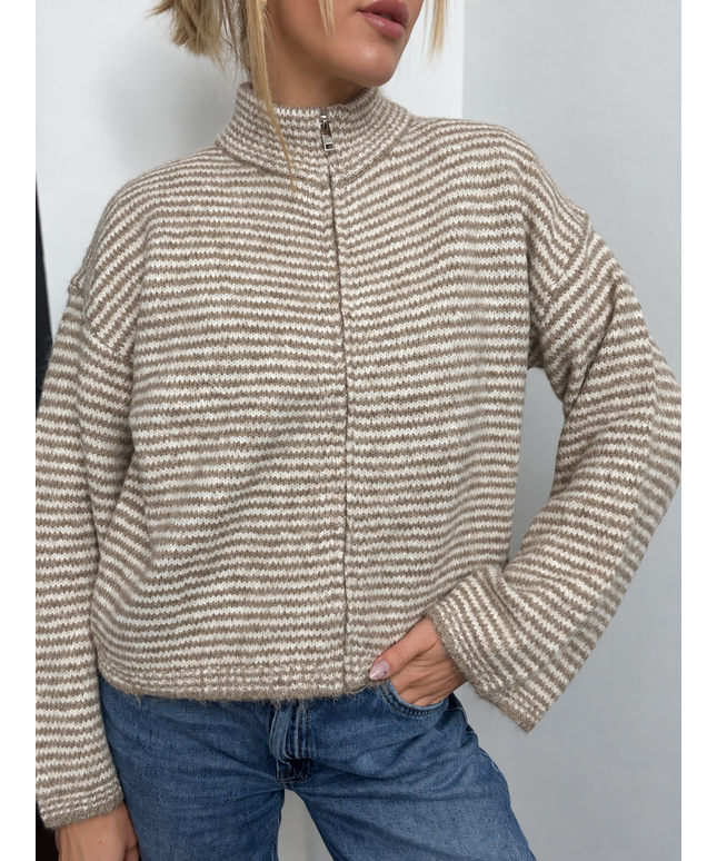 Strickjacke mit Zipper | taupe weiß
