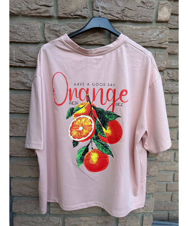 B-Ware | Regular-Fit Boxy-T-Shirt mit orangefarbenem Print und Charm-Anhänger | rosa