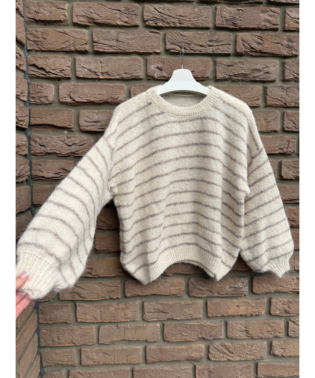 Kurzer Strickpullover mit Streifen | creme