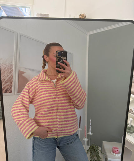 STRIPED FULL ZIP CARDIGAN | pink gelb