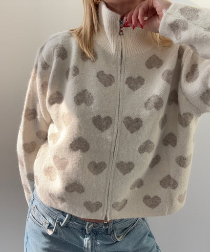 Strickjacke mit Zipper und Herzen | taupe weiß