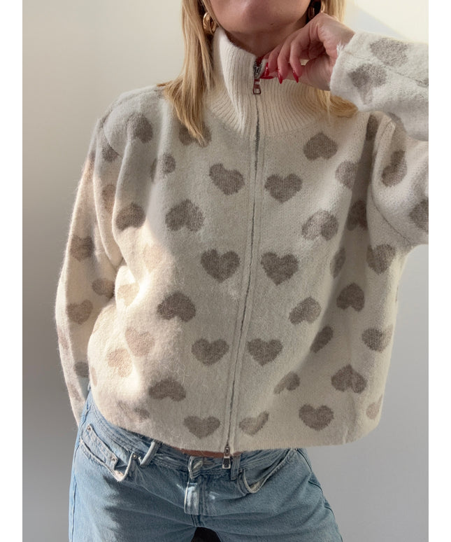 Strickjacke mit Zipper und Herzen | taupe weiß