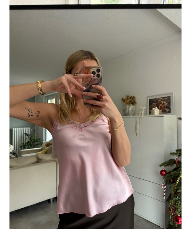 SATIN TOP MIT SPITZE | rosa