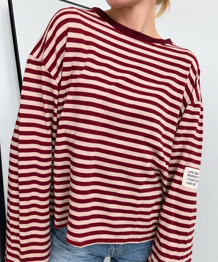 Gestreiftes Langarmshirt mit Patch | Striped Long Sleeve | Bordeaux/Beige
