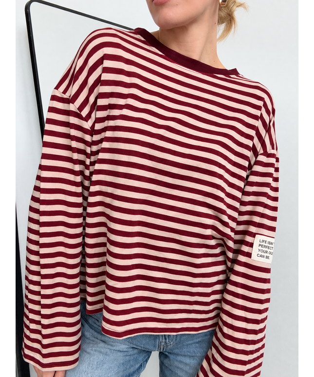 Gestreiftes Langarmshirt mit Patch | Striped Long Sleeve | Bordeaux/Beige