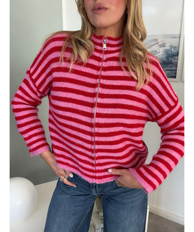 STRIPED FULL ZIP CARDIGAN | Modell Stella | rot/pink