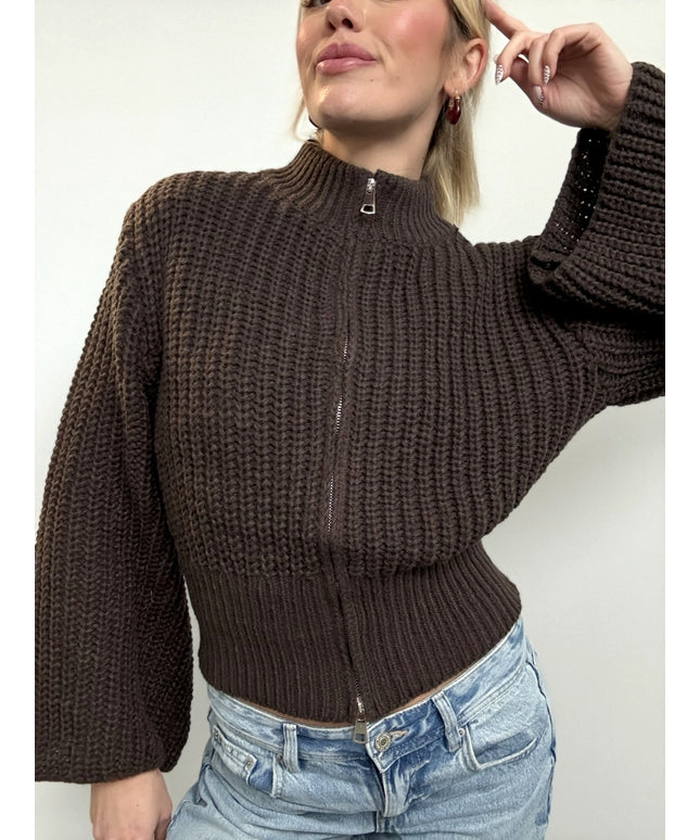 Mokka Chunky-Zipstrickjacke